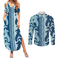 Hawaii Pua Kenikeni Lei Couples Matching Summer Maxi Dress and Long Sleeve Button Shirt With Lau Maia Royal Blue LT05 Blue - Polynesian Pride