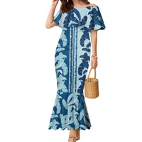 Hawaii Pua Kenikeni Lei Family Matching Mermaid Dress and Hawaiian Shirt With Lau Maia Royal Blue LT05 Mom's Dress Blue - Polynesian Pride