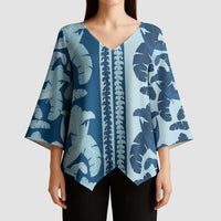 Hawaii Pua Kenikeni Lei Kimono Sleeve Blouse With Lau Maia Royal Blue