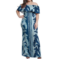 Hawaii Pua Kenikeni Lei Off Shoulder Maxi Dress With Lau Maia Royal Blue