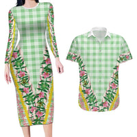 Hawaii Pikake Lokelani Plumeria Lei Couples Matching Long Sleeve Bodycon Dress and Hawaiian Shirt Green Palaka Motifs LT05 Green - Polynesian Pride