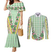 Hawaii Pikake Lokelani Plumeria Lei Couples Matching Mermaid Dress and Long Sleeve Button Shirt Green Palaka Motifs LT05 Green - Polynesian Pride