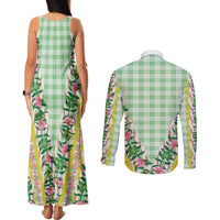 Hawaii Pikake Lokelani Plumeria Lei Couples Matching Tank Maxi Dress and Long Sleeve Button Shirt Green Palaka Motifs LT05 - Polynesian Pride