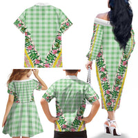 Hawaii Pikake Lokelani Plumeria Lei Family Matching Off The Shoulder Long Sleeve Dress and Hawaiian Shirt Green Palaka Motifs LT05 - Polynesian Pride