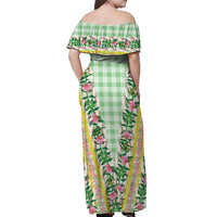 Hawaii Pikake Lokelani Plumeria Lei Off Shoulder Maxi Dress Green Palaka Motifs LT05 - Polynesian Pride