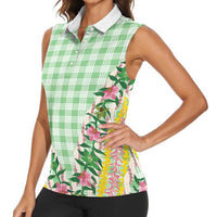 Hawaii Pikake Lokelani Plumeria Lei Women Sleeveless Polo Shirt Green Palaka Motifs LT05 - Polynesian Pride