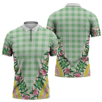 Hawaii Pikake Lokelani Plumeria Lei Zipper Polo Shirt Green Palaka Motifs LT05 - Polynesian Pride