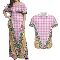 Hawaii Pikake Lokelani Plumeria Lei Couples Matching Off Shoulder Maxi Dress and Hawaiian Shirt Pink Palaka Motifs LT05 Pink - Polynesian Pride
