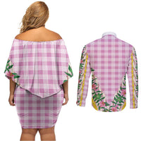 Hawaii Pikake Lokelani Plumeria Lei Couples Matching Off Shoulder Short Dress and Long Sleeve Button Shirt Pink Palaka Motifs LT05 - Polynesian Pride