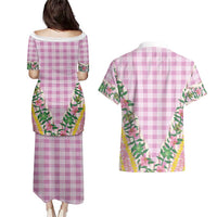 Hawaii Pikake Lokelani Plumeria Lei Couples Matching Puletasi and Hawaiian Shirt Pink Palaka Motifs LT05 - Polynesian Pride