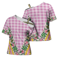 Hawaii Pikake Lokelani Plumeria Lei Cross Shoulder Shirt Pink Palaka Motifs LT05 - Polynesian Pride