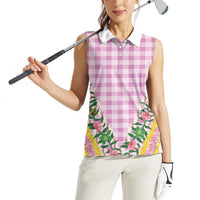 Hawaii Pikake Lokelani Plumeria Lei Women Sleeveless Polo Shirt Pink Palaka Motifs LT05 - Polynesian Pride
