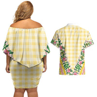 Hawaii Pikake Lokelani Plumeria Lei Couples Matching Off Shoulder Short Dress and Hawaiian Shirt Yellow Palaka Motifs LT05 - Polynesian Pride