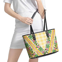 Hawaii Pikake Lokelani Plumeria Lei Leather Tote Bag Yellow Palaka Motifs