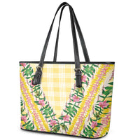 Hawaii Pikake Lokelani Plumeria Lei Leather Tote Bag Yellow Palaka Motifs