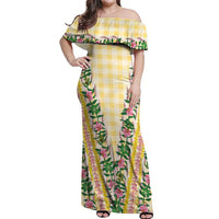 Hawaii Pikake Lokelani Plumeria Lei Off Shoulder Maxi Dress Yellow Palaka Motifs LT05 Women Yellow - Polynesian Pride