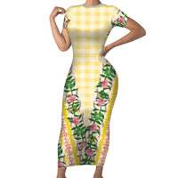 Hawaii Pikake Lokelani Plumeria Lei Short Sleeve Bodycon Dress Yellow Palaka Motifs LT05 Long Dress Yellow - Polynesian Pride