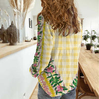Hawaii Pikake Lokelani Plumeria Lei Women Casual Shirt Yellow Palaka Motifs LT05 - Polynesian Pride