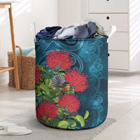 New Zealand Matariki Piwakawaka Laundry Basket Maori Koru With Pohutukawa Flowers LT05 Dark Teal - Polynesian Pride