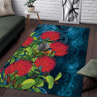 New Zealand Matariki Piwakawaka Area Rug Maori Koru With Pohutukawa Flowers LT05 Dark Teal - Polynesian Pride