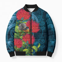 New Zealand Matariki Piwakawaka Bomber Puffer Jacket Maori Koru With Pohutukawa Flowers LT05 Unisex Dark Teal - Polynesian Pride