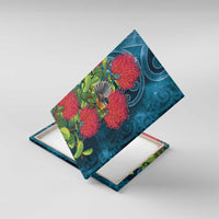 New Zealand Matariki Piwakawaka Canvas Wall Art Maori Koru With Pohutukawa Flowers LT05 With Frame Dark Teal - Polynesian Pride