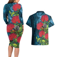 New Zealand Matariki Piwakawaka Couples Matching Long Sleeve Bodycon Dress and Hawaiian Shirt Maori Koru With Pohutukawa Flowers LT05 - Polynesian Pride