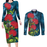 New Zealand Matariki Piwakawaka Couples Matching Long Sleeve Bodycon Dress and Long Sleeve Button Shirt Maori Koru With Pohutukawa Flowers LT05 Dark Teal - Polynesian Pride