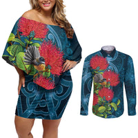 New Zealand Matariki Piwakawaka Couples Matching Off Shoulder Short Dress and Long Sleeve Button Shirt Maori Koru With Pohutukawa Flowers LT05 Dark Teal - Polynesian Pride