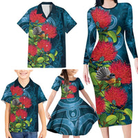 New Zealand Matariki Piwakawaka Family Matching Long Sleeve Bodycon Dress and Hawaiian Shirt Maori Koru With Pohutukawa Flowers LT05 - Polynesian Pride