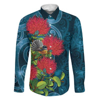 New Zealand Matariki Piwakawaka Family Matching Mermaid Dress and Hawaiian Shirt Maori Koru With Pohutukawa Flowers LT05 Dad's Shirt - Long Sleeve Dark Teal - Polynesian Pride