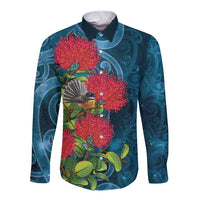 New Zealand Matariki Piwakawaka Long Sleeve Button Shirt Maori Koru With Pohutukawa Flowers LT05 Unisex Dark Teal - Polynesian Pride