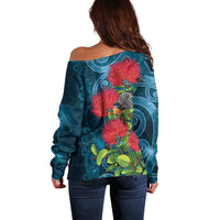 New Zealand Matariki Piwakawaka Off Shoulder Sweater Maori Koru With Pohutukawa Flowers LT05 - Polynesian Pride