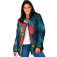 New Zealand Matariki Piwakawaka Padded Jacket Maori Koru With Pohutukawa Flowers LT05 Women Dark Teal - Polynesian Pride