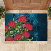 New Zealand Matariki Piwakawaka Rubber Doormat Maori Koru With Pohutukawa Flowers LT05 Dark Teal - Polynesian Pride