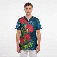 New Zealand Matariki Piwakawaka Scrub Top Maori Koru With Pohutukawa Flowers LT05 - Polynesian Pride