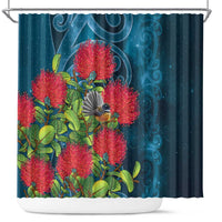 New Zealand Matariki Piwakawaka Shower Curtain Maori Koru With Pohutukawa Flowers LT05 Dark Teal - Polynesian Pride