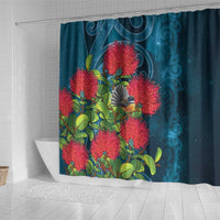 New Zealand Matariki Piwakawaka Shower Curtain Maori Koru With Pohutukawa Flowers LT05 - Polynesian Pride