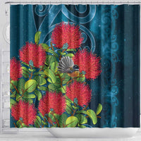 New Zealand Matariki Piwakawaka Shower Curtain Maori Koru With Pohutukawa Flowers LT05 - Polynesian Pride