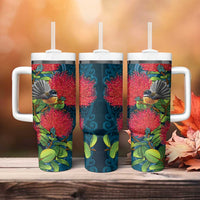New Zealand Matariki Piwakawaka Tumbler With Handle Maori Koru With Pohutukawa Flowers LT05 - Polynesian Pride