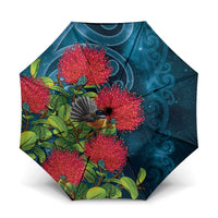 New Zealand Matariki Piwakawaka Umbrella Maori Koru With Pohutukawa Flowers LT05 One Size Folded 11.42 inch Opened Diameter 37.4 inch Dark Teal - Polynesian Pride