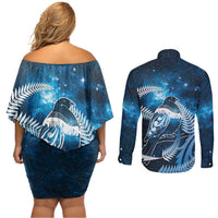 New Zealand Matariki Couples Matching Off Shoulder Short Dress and Long Sleeve Button Shirt Pigeon Kereru Maori Fern Art LT05 - Polynesian Pride