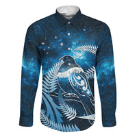 New Zealand Matariki Family Matching Off Shoulder Maxi Dress and Hawaiian Shirt Pigeon Kereru Maori Fern Art LT05 Dad's Shirt - Long Sleeve Blue - Polynesian Pride