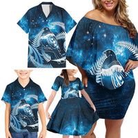 New Zealand Matariki Family Matching Off Shoulder Short Dress and Hawaiian Shirt Pigeon Kereru Maori Fern Art LT05 - Polynesian Pride