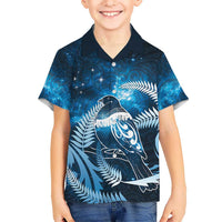 New Zealand Matariki Family Matching Off Shoulder Short Dress and Hawaiian Shirt Pigeon Kereru Maori Fern Art LT05 Son's Shirt Blue - Polynesian Pride