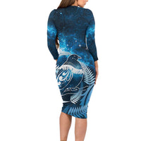 New Zealand Matariki Long Sleeve Bodycon Dress Pigeon Kereru Maori Fern Art LT05 - Polynesian Pride