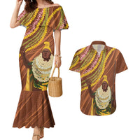 Hawaii King Kamehameha Couples Matching Mermaid Dress and Hawaiian Shirt Hawaiian Kakau Pattern With Leis LT05 Brown - Polynesian Pride