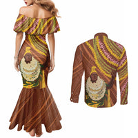 Hawaii King Kamehameha Couples Matching Mermaid Dress and Long Sleeve Button Shirt Hawaiian Kakau Pattern With Leis LT05 - Polynesian Pride
