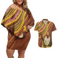 Hawaii King Kamehameha Couples Matching Off Shoulder Short Dress and Hawaiian Shirt Hawaiian Kakau Pattern With Leis LT05 Brown - Polynesian Pride