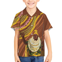 Hawaii King Kamehameha Family Matching Off Shoulder Maxi Dress and Hawaiian Shirt Hawaiian Kakau Pattern With Leis LT05 Son's Shirt Brown - Polynesian Pride